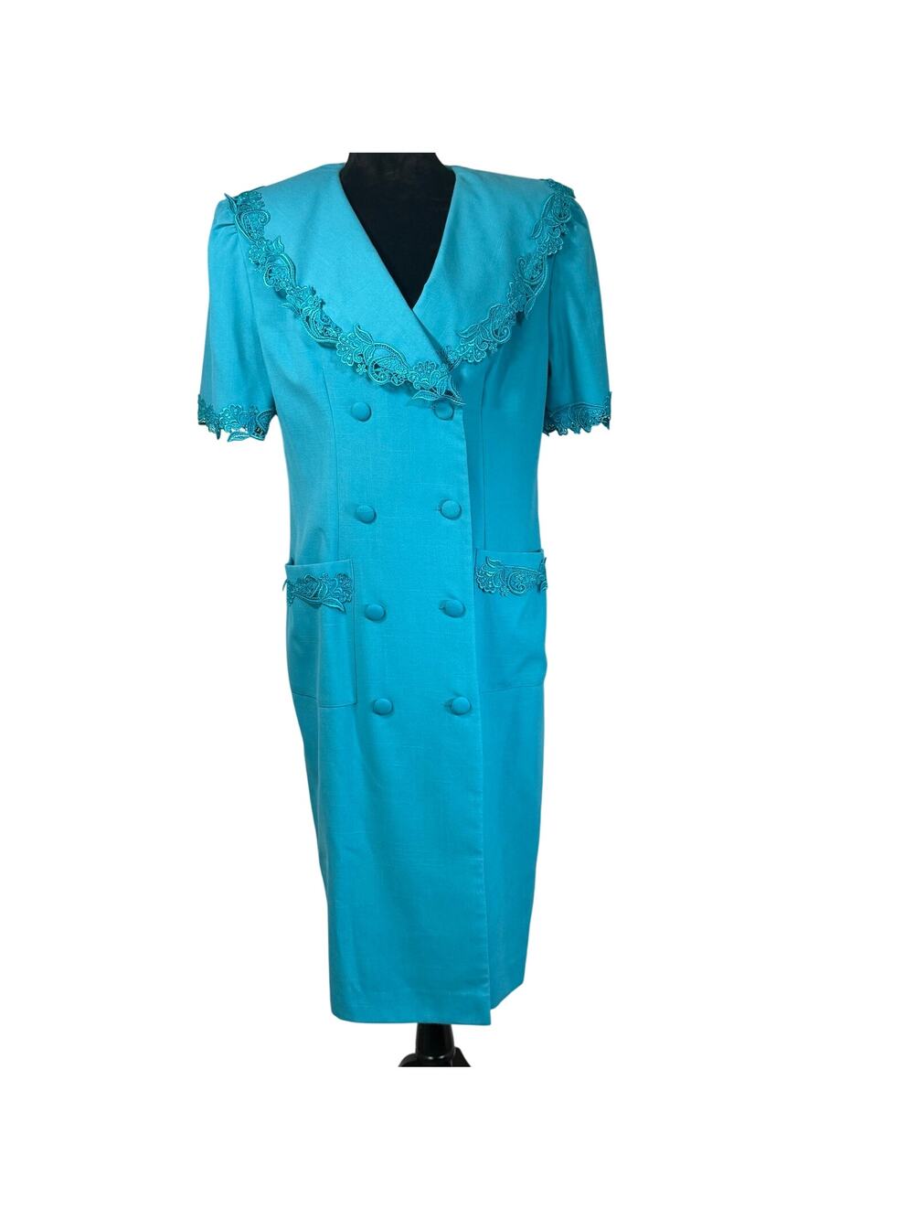 Vintage 80s Aqua Blue Midi Dress Women's 12 Lace Trim Double Breasted